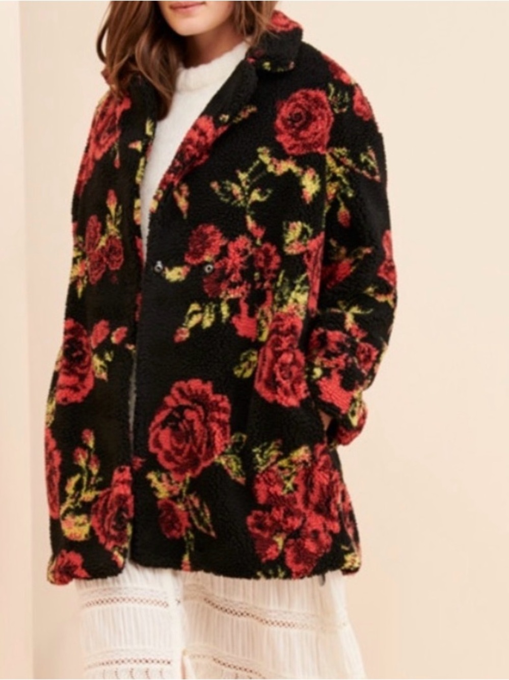 Anthropologie Winter Roses Black Floral Sherpa Jacket